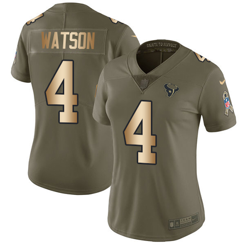 Nike Texans #4 Deshaun Watson Olive/Gold Women's Stitched NFL Limited Salute to Service Jersey - Click Image to Close